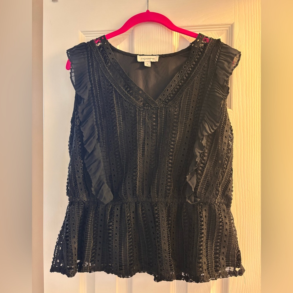Anthropologie Calligraphie Black Lace Ruffle Peplum Sleeveless Top